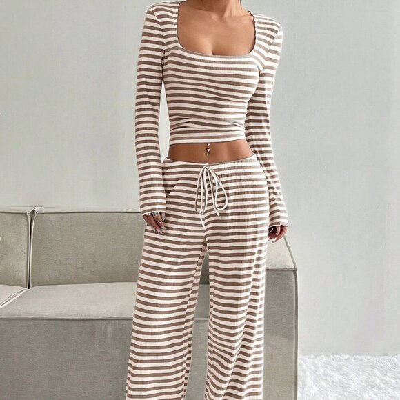 Casual Women's Striped Minimalist Long Sleeve Top & Tie Front pants set - Picture 5 of 6